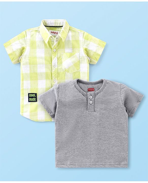 Babyhug Cotton Woven Half Sleeve Regular Collar One Pocket Checked Shirt with Solid Colour T-Shirt - Yellow