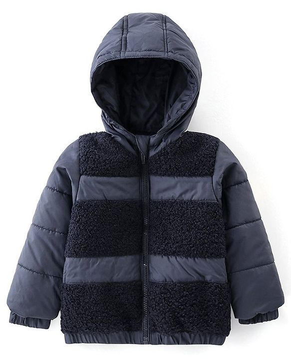 Babyhug Woven Full Sleeves Hooded Jacket with Fur Detailing - Navy
