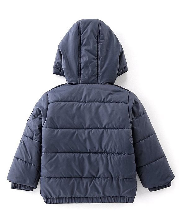 Babyhug Woven Full Sleeves Hooded Jacket with Fur Detailing - Navy