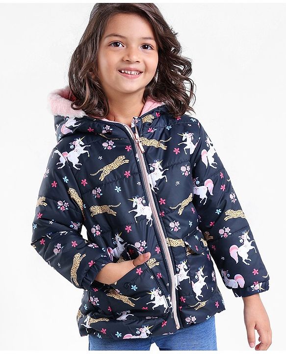 Babyhug Full Sleeves Hooded Fashion Winter Jacket Tiger Print - Blue