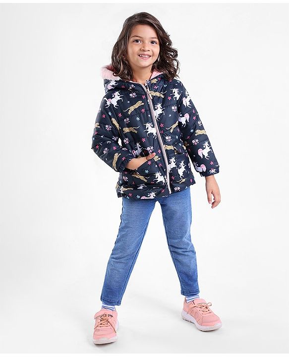 Babyhug Full Sleeves Hooded Fashion Winter Jacket Tiger Print - Blue