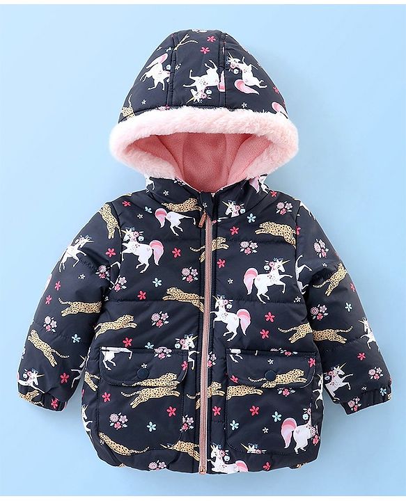 Babyhug Full Sleeves Hooded Fashion Winter Jacket Tiger Print - Blue