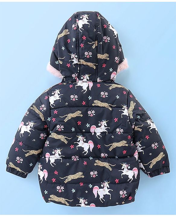 Babyhug Full Sleeves Hooded Fashion Winter Jacket Tiger Print - Blue
