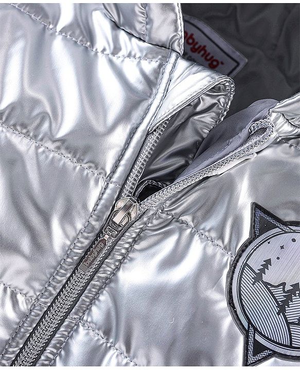 Babyhug Full Sleeves Woven Quilted Hoodie Landscape Patch - Silver