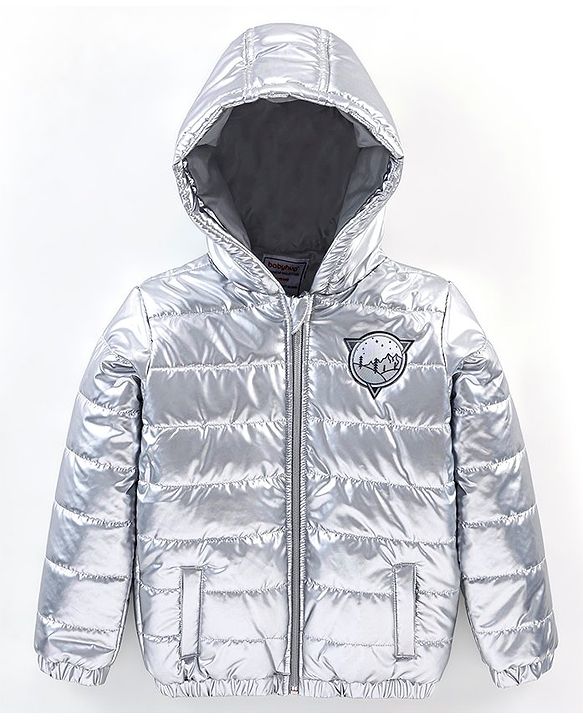 Babyhug Full Sleeves Woven Quilted Hoodie Landscape Patch - Silver