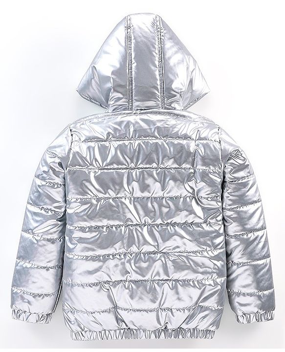 Babyhug Full Sleeves Woven Quilted Hoodie Landscape Patch - Silver
