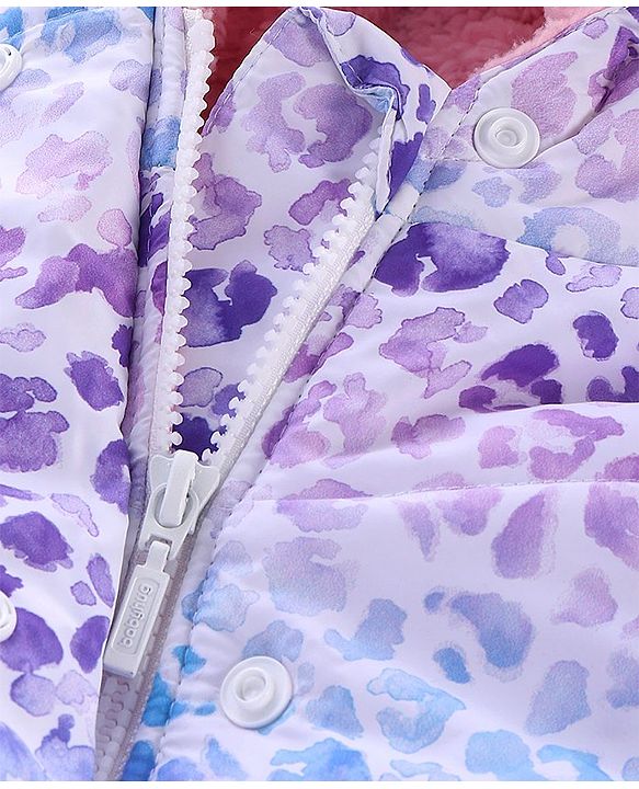 Babyhug Full Sleeves Woven Hoodie Leopard Print - Purple Blue & White
