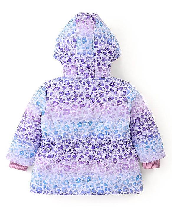 Babyhug Full Sleeves Woven Hoodie Leopard Print - Purple Blue & White