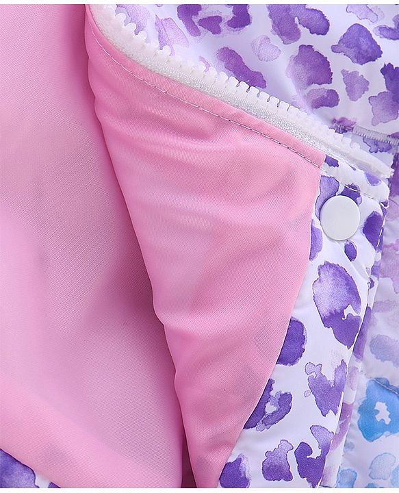 Babyhug Full Sleeves Woven Hoodie Leopard Print - Purple Blue & White