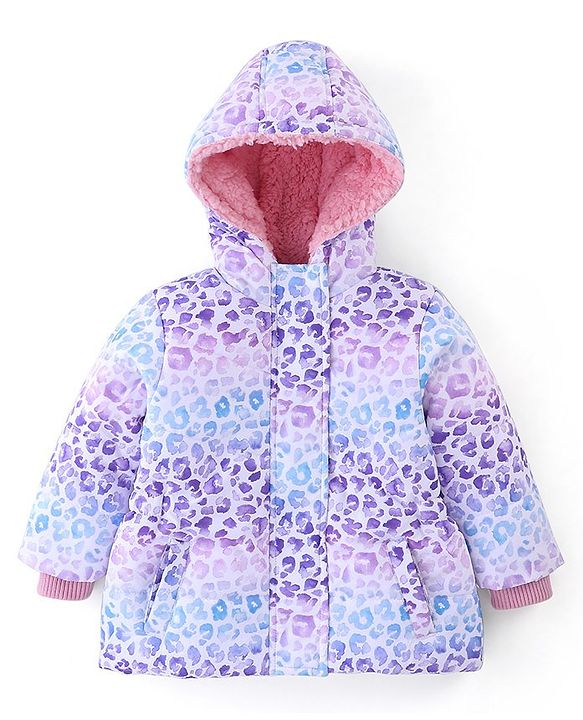 Babyhug Full Sleeves Woven Hoodie Leopard Print - Purple Blue & White