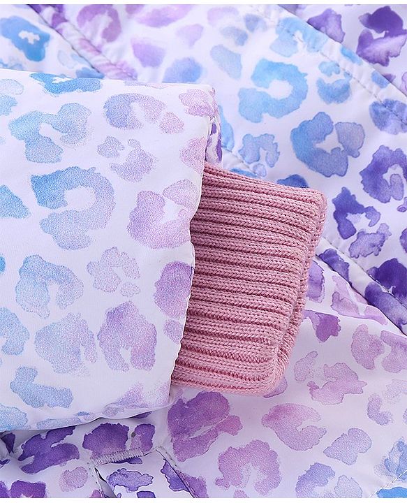 Babyhug Full Sleeves Woven Hoodie Leopard Print - Purple Blue & White