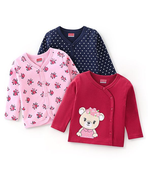 Babyhug 100% Cotton Vests Roses & Teddy Print Pack of 3 - Pink Blue & Red
