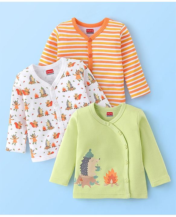 Babyhug 100% Cotton Knit Full Sleeves Front Open Vests Stripes & Animal Print Pack of 3 - Orange Green & White