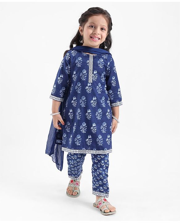 Babyhug 100% Cotton Woven Three Fourth Sleeves Kurti & Palazzo Set with Dupatta Floral Print - Indigo