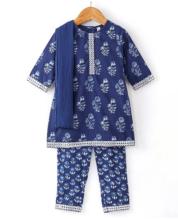 Babyhug 100% Cotton Woven Three Fourth Sleeves Kurti & Palazzo Set with Dupatta Floral Print - Indigo