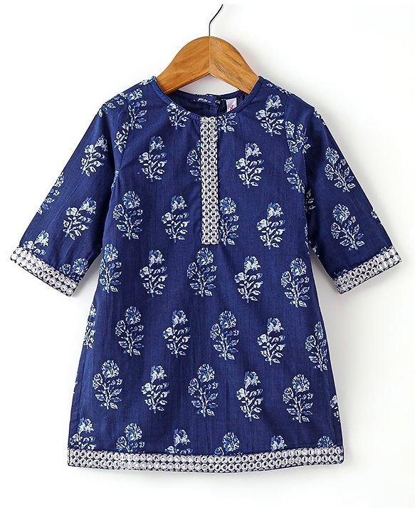Babyhug 100% Cotton Woven Three Fourth Sleeves Kurti & Palazzo Set with Dupatta Floral Print - Indigo
