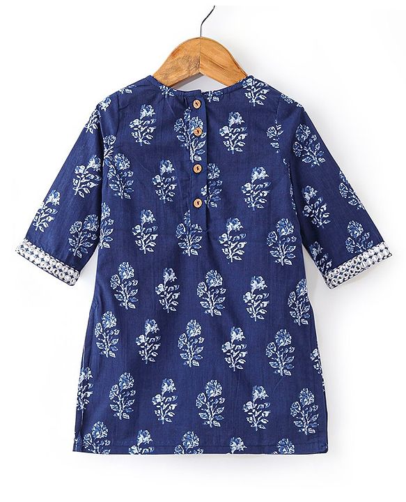 Babyhug 100% Cotton Woven Three Fourth Sleeves Kurti & Palazzo Set with Dupatta Floral Print - Indigo