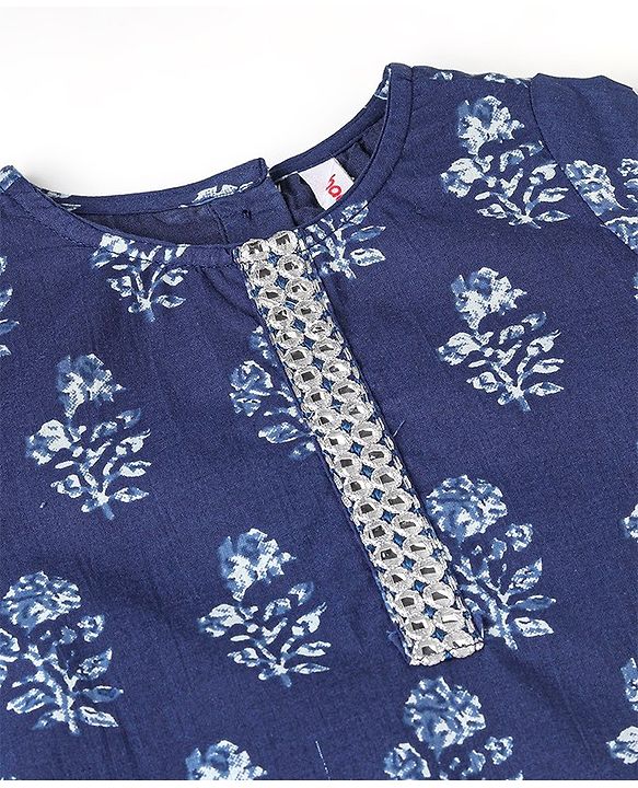 Babyhug 100% Cotton Woven Three Fourth Sleeves Kurti & Palazzo Set with Dupatta Floral Print - Indigo