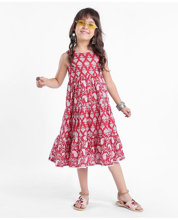 Babyhug 100% Cotton Sleeveless Frock Floral Print - Rust Red