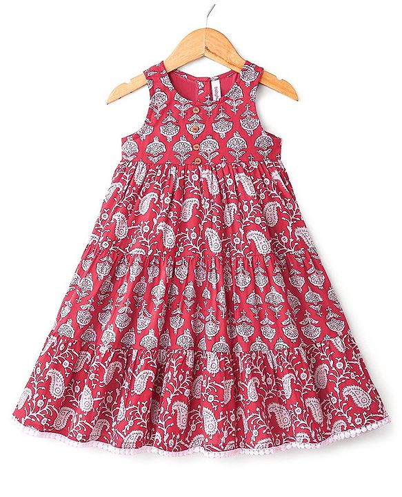 Babyhug 100% Cotton Sleeveless Frock Floral Print - Rust Red