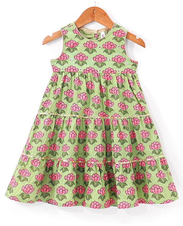 Babyhug Cotton Woven Floral Printed Sleeveless Ethnic Dress with Sequence Highlighted Yoke - Green