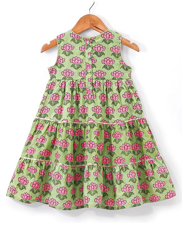 Babyhug Cotton Woven Floral Printed Sleeveless Ethnic Dress with Sequence Highlighted Yoke - Green