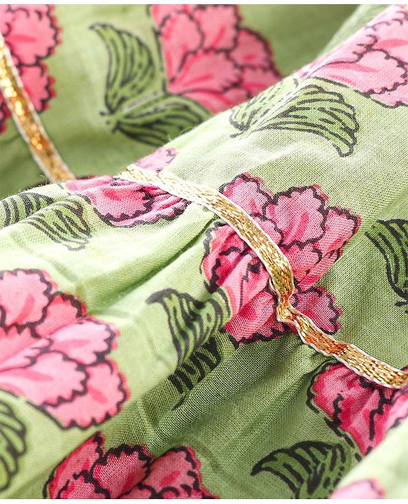 Babyhug Cotton Woven Floral Printed Sleeveless Ethnic Dress with Sequence Highlighted Yoke - Green