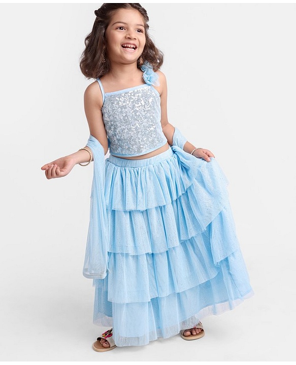 Babyhug Sleeveless Woven Sequenced Choli With Glitter Net Tiered Lehenga With Dupatta  - Aqua
