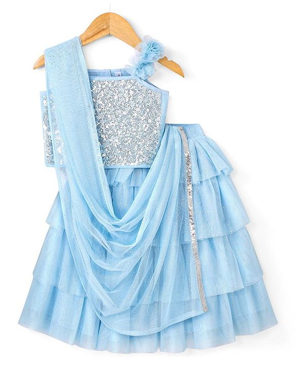 Babyhug Sleeveless Woven Sequenced Choli With Glitter Net Tiered Lehenga With Dupatta  - Aqua