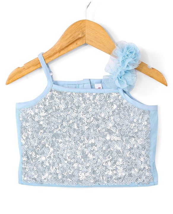 Babyhug Sleeveless Woven Sequenced Choli With Glitter Net Tiered Lehenga With Dupatta  - Aqua