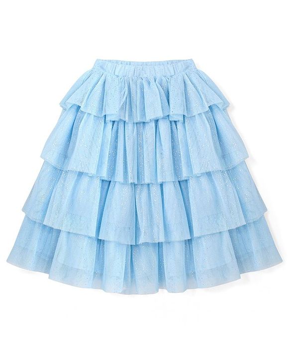 Babyhug Sleeveless Woven Sequenced Choli With Glitter Net Tiered Lehenga With Dupatta  - Aqua