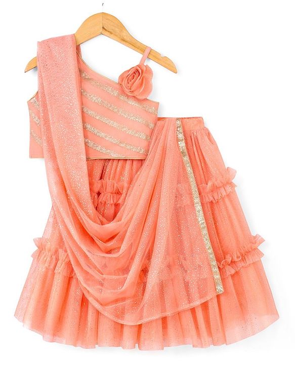Babyhug Sleeveless Woven Sequenced Choli With Glitter Net Tiered Lehenga - Coral