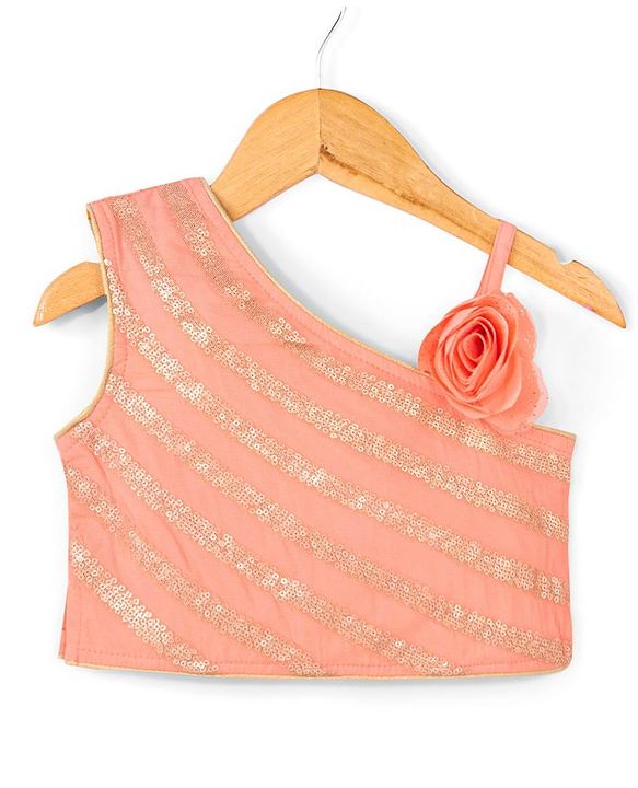 Babyhug Sleeveless Woven Sequenced Choli With Glitter Net Tiered Lehenga - Coral