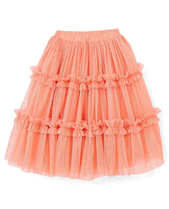 Babyhug Sleeveless Woven Sequenced Choli With Glitter Net Tiered Lehenga - Coral