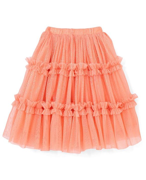Babyhug Sleeveless Woven Sequenced Choli With Glitter Net Tiered Lehenga - Coral
