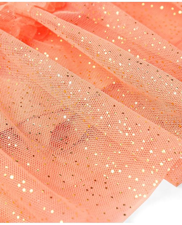 Babyhug Sleeveless Woven Sequenced Choli With Glitter Net Tiered Lehenga - Coral