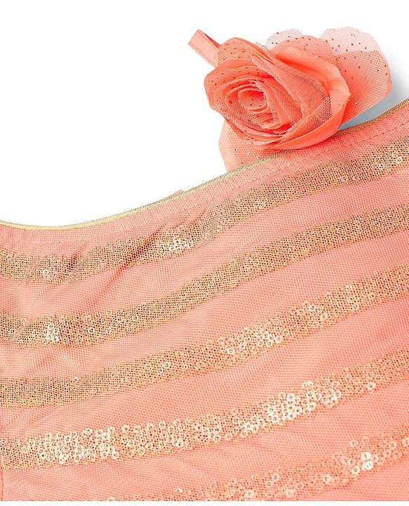 Babyhug Sleeveless Woven Sequenced Choli With Glitter Net Tiered Lehenga - Coral