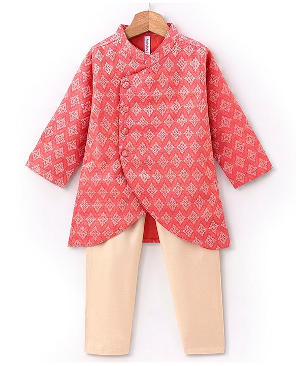 Babyhug Brocade Woven Full Sleeves Kurta & Pajama Set Argyle Design - Peach