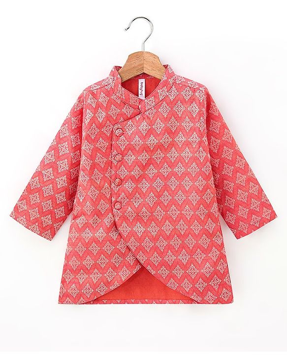 Babyhug Brocade Woven Full Sleeves Kurta & Pajama Set Argyle Design - Peach