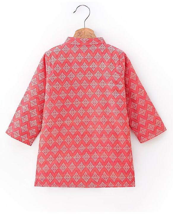 Babyhug Brocade Woven Full Sleeves Kurta & Pajama Set Argyle Design - Peach