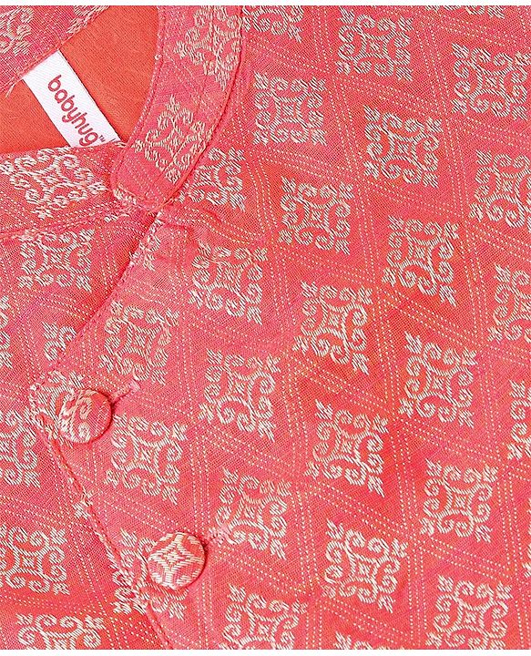 Babyhug Brocade Woven Full Sleeves Kurta & Pajama Set Argyle Design - Peach