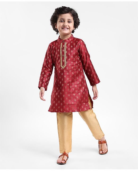 Babyhug Woven Full Sleeves Brocade Kurta & Pyjama Set - Maroon