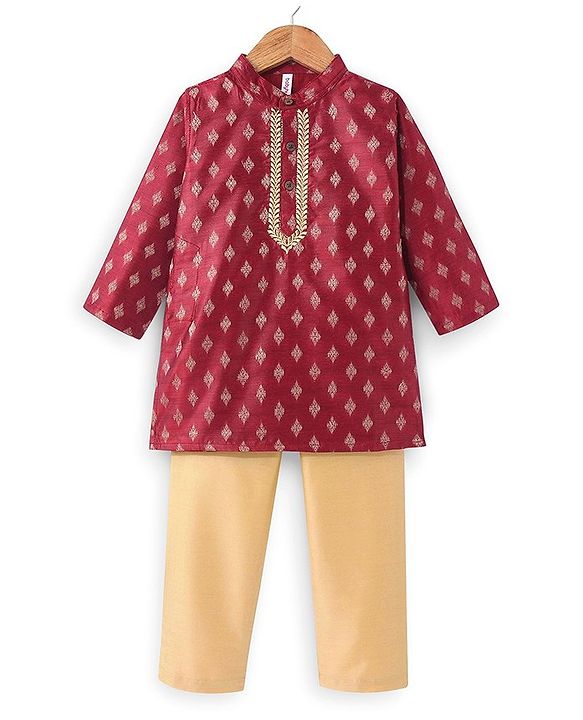 Babyhug Woven Full Sleeves Brocade Kurta & Pyjama Set - Maroon