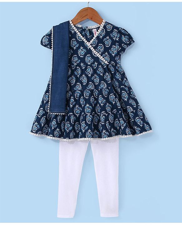 Babyhug Cotton Half Sleeves Printed Kurti With Leggings And Dupatta- Indigo