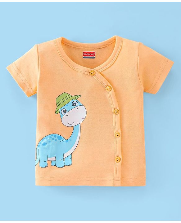 Babyhug 100% Cotton Half Sleeves Vests Stripes & Dino Print Pack of 3- Blue Orange & White