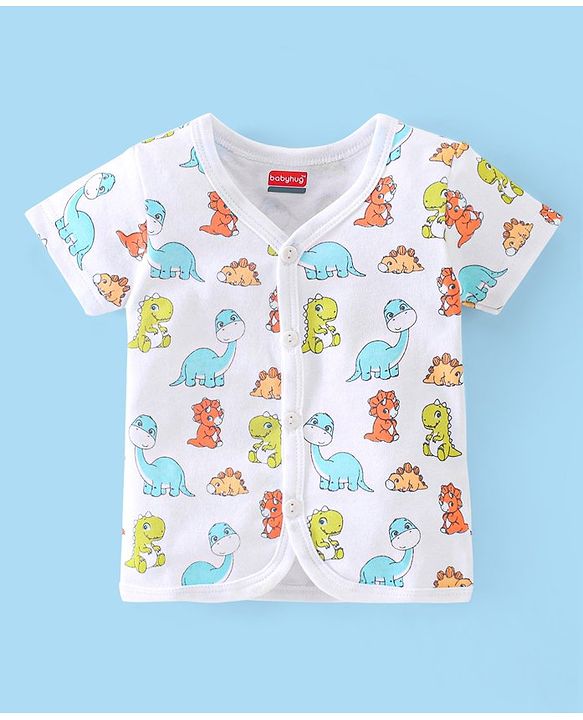 Babyhug 100% Cotton Half Sleeves Vests Stripes & Dino Print Pack of 3- Blue Orange & White