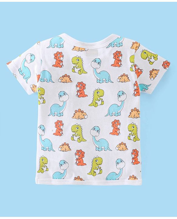Babyhug 100% Cotton Half Sleeves Vests Stripes & Dino Print Pack of 3- Blue Orange & White