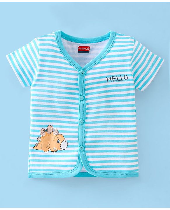 Babyhug 100% Cotton Half Sleeves Vests Stripes & Dino Print Pack of 3- Blue Orange & White