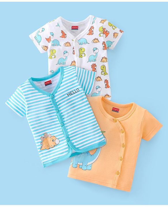 Babyhug 100% Cotton Half Sleeves Vests Stripes & Dino Print Pack of 3- Blue Orange & White