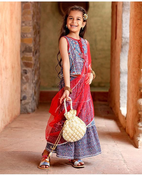 Babyhug Sleeveless Cotton Floral Printed Lehenga & Choli With Dupatta- Indigo & Red